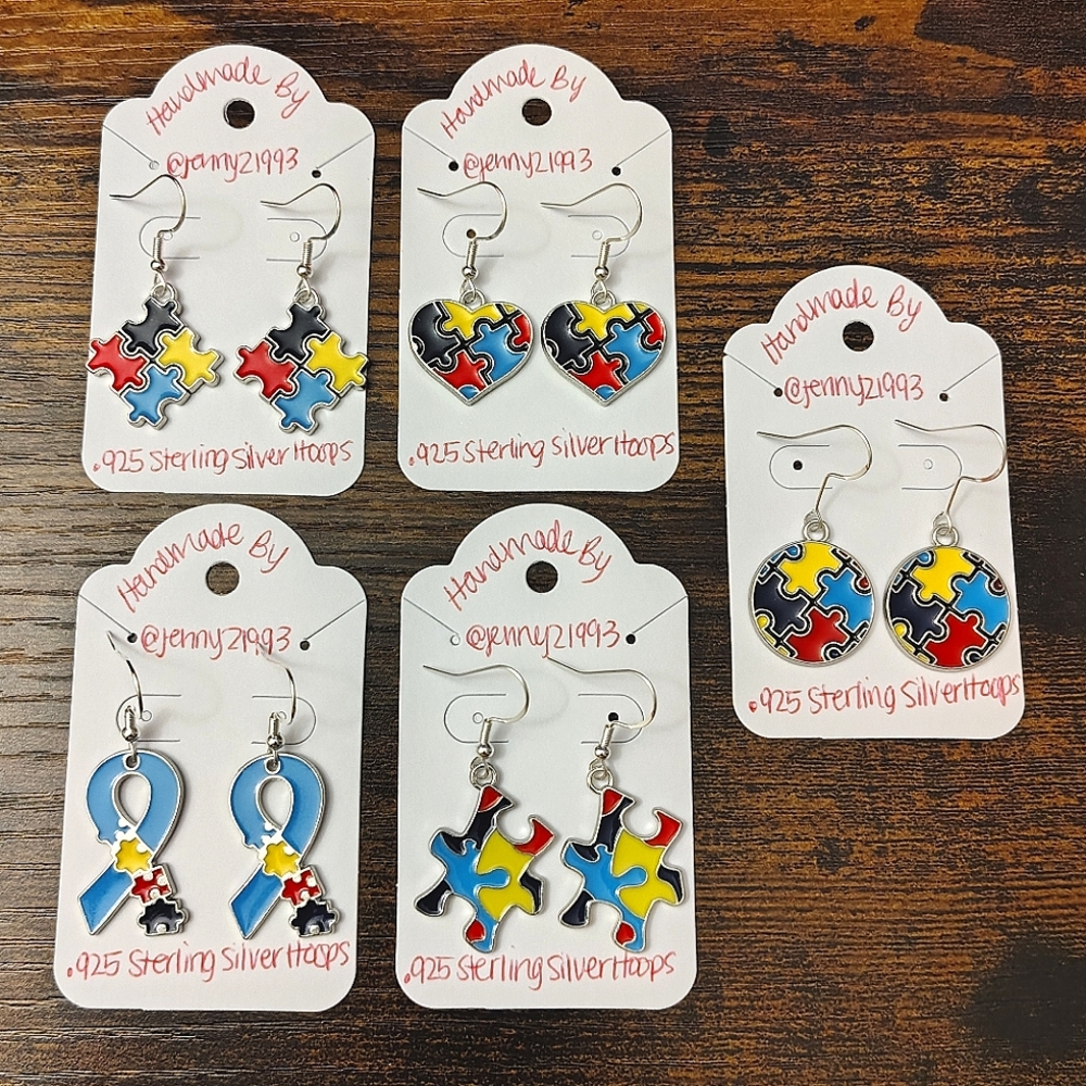 NEW! Jenny's Handmade Autism Awareness Earrings .925 Sterling Silver Hoops